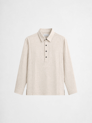 Cream linen blend long sleeve shirt with relaxed fit and lightweight minimalist styling by DAHAR.
