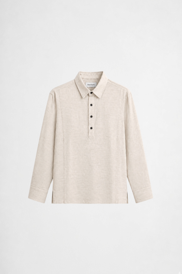 Cream linen blend long sleeve shirt with relaxed fit and lightweight minimalist styling by DAHAR.