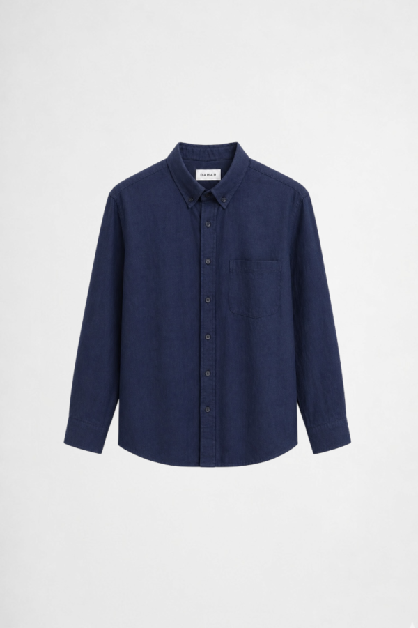 THE STUDIO SHIRT in navy with relaxed fit, chest pocket detail, and minimalist everyday styling by DAHAR.