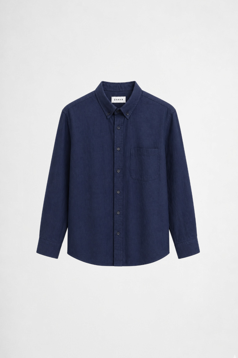 THE STUDIO SHIRT in navy with relaxed fit, chest pocket detail, and minimalist everyday styling by DAHAR.