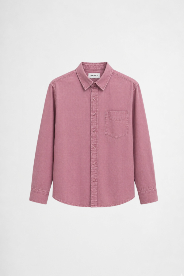 Relaxed fit washed cotton shirt with chest pocket detail and casual minimalist styling by DAHAR.