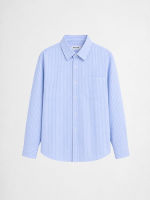 Light blue cotton-linen blend shirt with oversized fit and breathable minimalist styling by DAHAR.