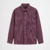 Red check button-down jacket with relaxed fit and lightweight casual streetwear styling by DAHAR.