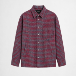 Red check button-down jacket with relaxed fit and lightweight casual streetwear styling by DAHAR.