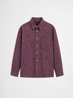 Red check button-down jacket with relaxed fit and lightweight casual streetwear styling by DAHAR.