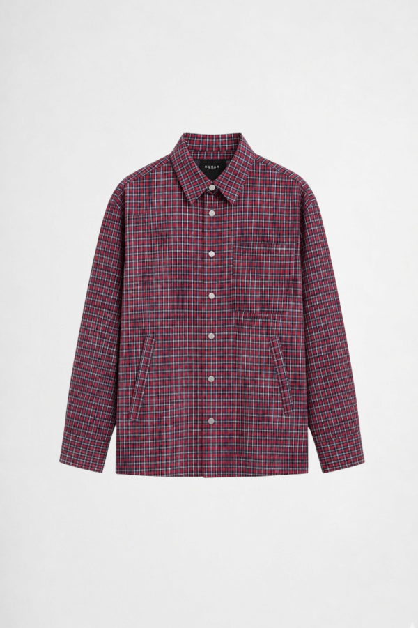 Red check button-down jacket with relaxed fit and lightweight casual streetwear styling by DAHAR.