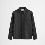 Black vertical stripe overshirt with oversized fit and modern layered streetwear styling by DAHAR.
