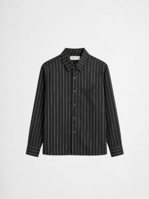 Black vertical stripe overshirt with oversized fit and modern layered streetwear styling by DAHAR.