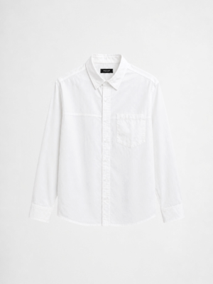White cotton poplin long sleeve shirt with clean structured silhouette and minimalist styling by DAHAR.