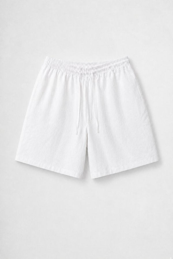 Men's breathable linen blend drawstring shorts with an elastic waistband and side pockets.