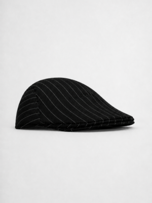 PINSTRIPE IVY CAP Black pinstripe ivy cap made from soft cotton blend.
