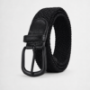 BRAIDED STRETCH BELT Black braided stretch belt with leather trims and metal buckle.