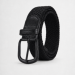 Black braided stretch belt with leather trims and metal buckle.