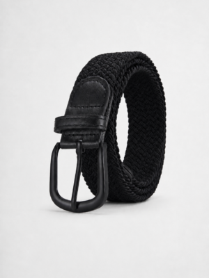 Black braided stretch belt with leather trims and metal buckle.