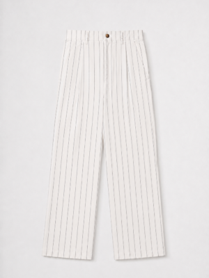 Striped Linen Blend Trousers Men's striped linen blend straight-leg trousers with an adjustable drawstring waistband.