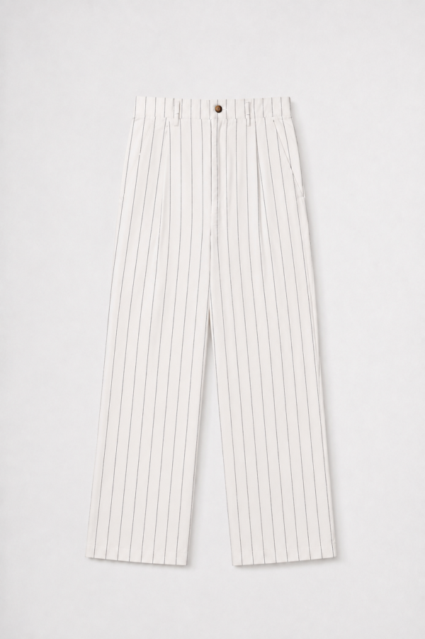 Men's striped linen blend straight-leg trousers with an adjustable drawstring waistband.