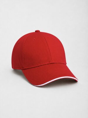 Red cotton baseball cap with adjustable buckle closure by DAHAR.