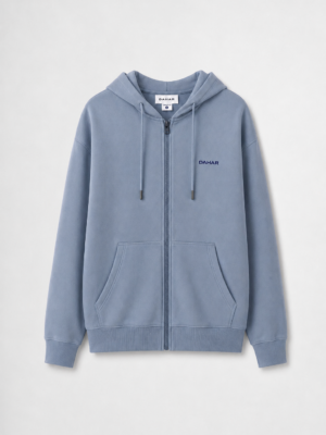 Heavyweight cotton zip hoodie with adjustable hood and front pockets.
