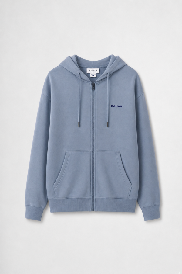 Heavyweight cotton zip hoodie with adjustable hood and front pockets.