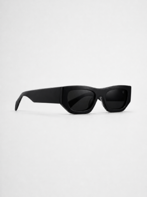 Matte black sunglasses with UV400 protection and angular full-rim frame.