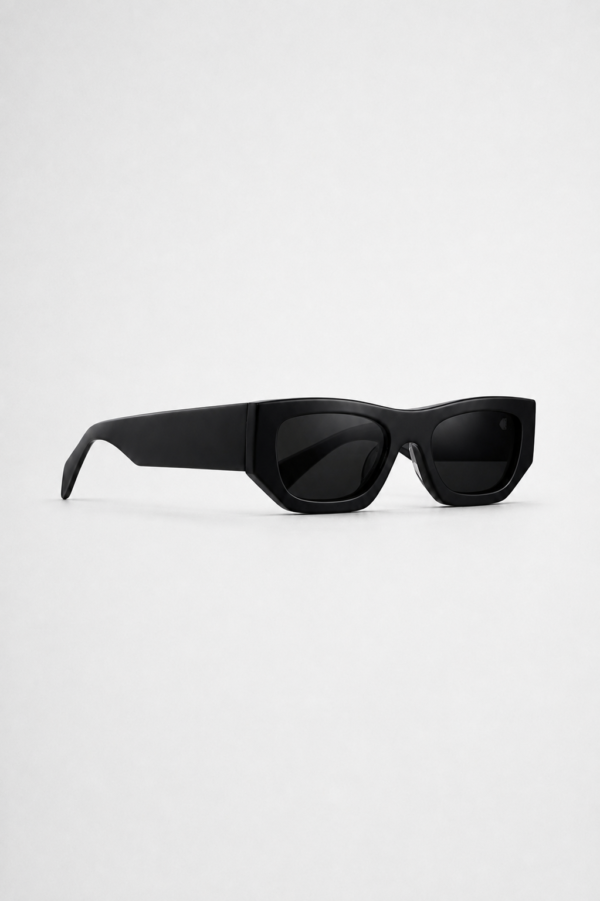 Matte black sunglasses with UV400 protection and angular full-rim frame.
