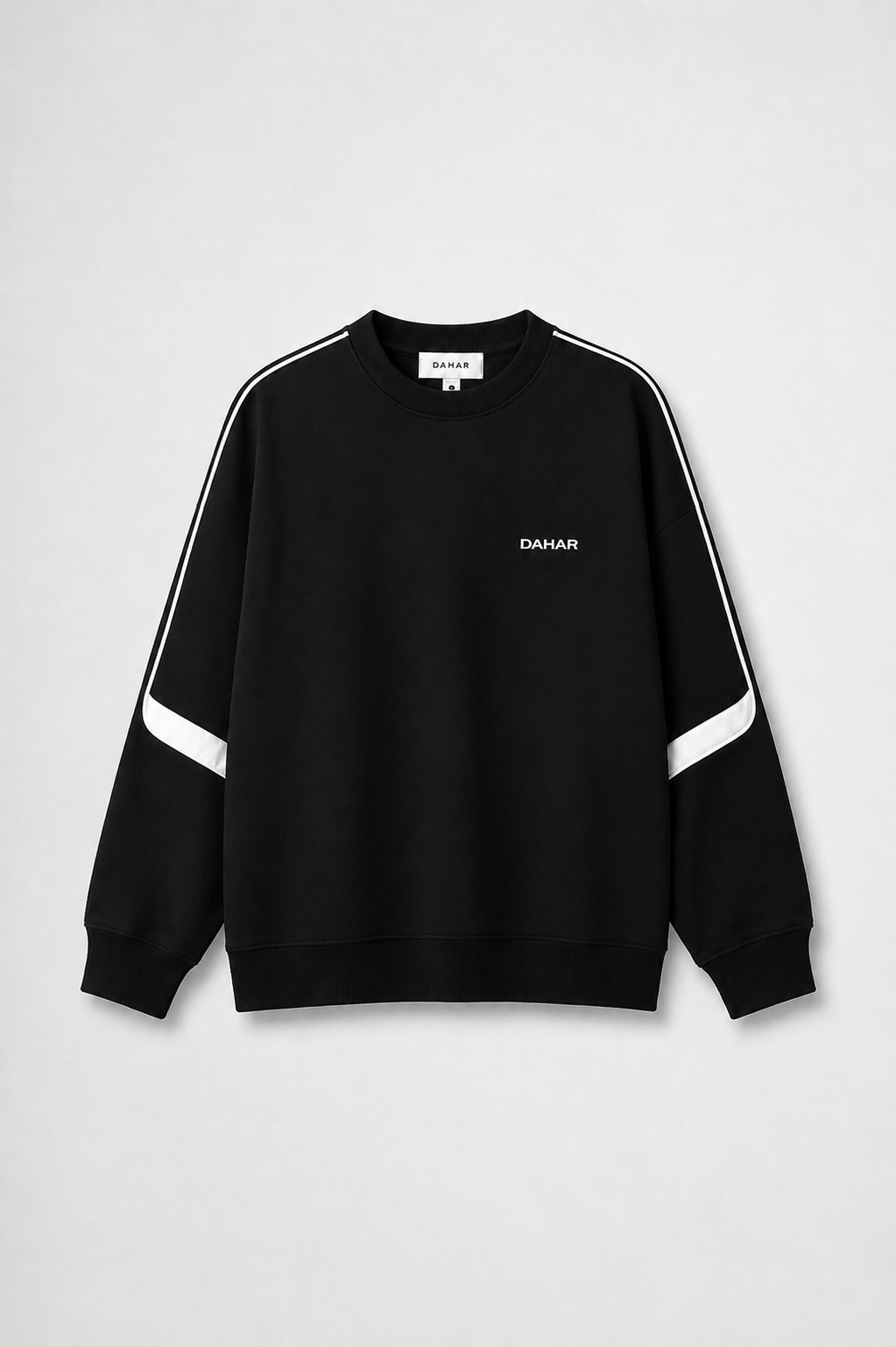 Black heavyweight crewneck sweatshirt with contrast sleeve detailing.