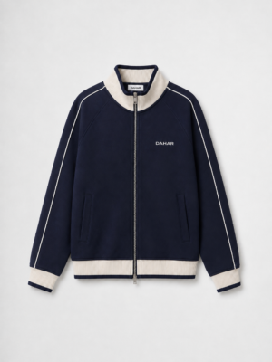Navy heavyweight track jacket with full zip and stand collar.