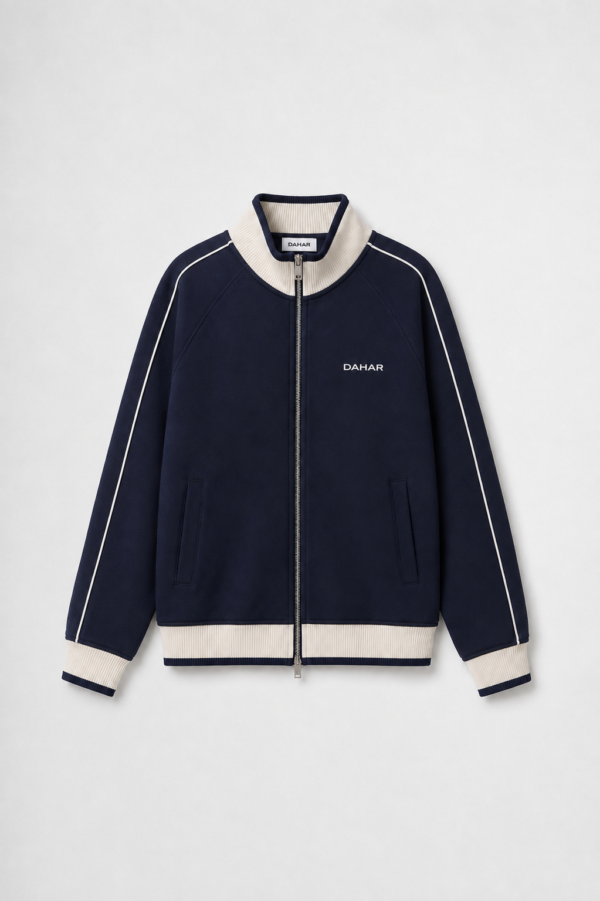 Navy heavyweight track jacket with full zip and stand collar.