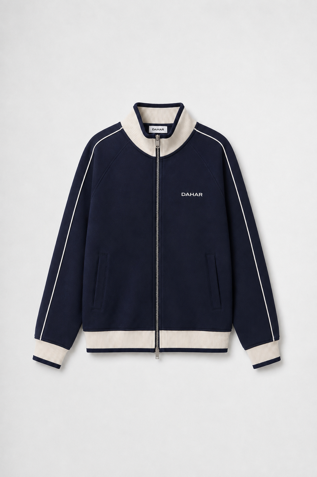 Navy heavyweight track jacket with full zip and stand collar.