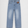Light wash relaxed jeans with adjustable waistband and five-pocket design.