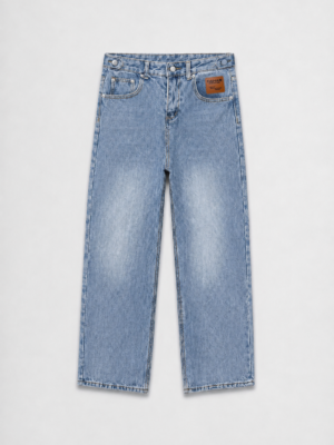 Light wash relaxed jeans with adjustable waistband and five-pocket design.