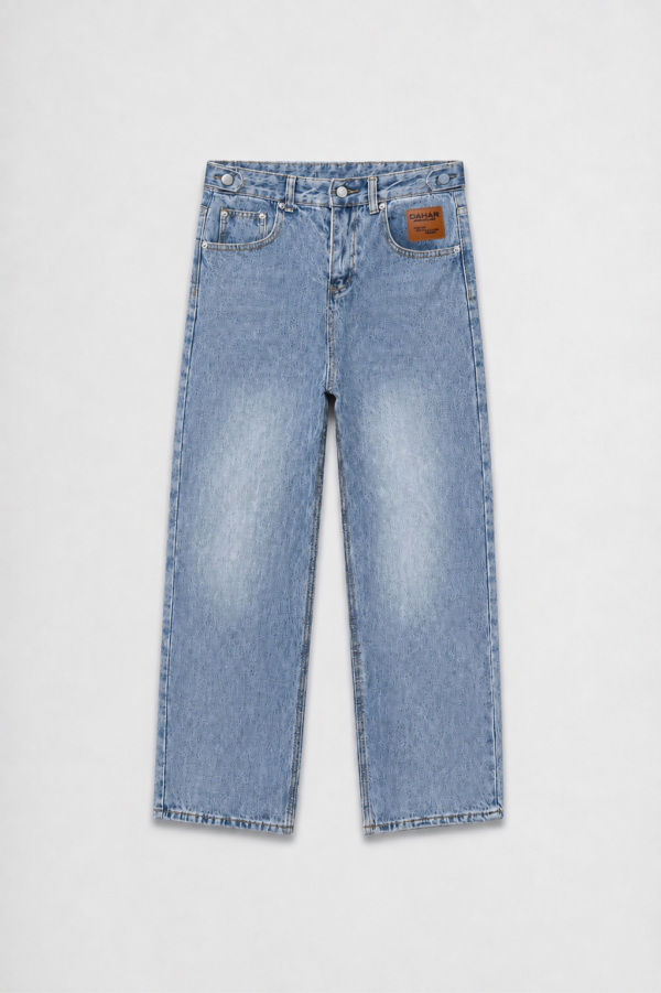Light wash relaxed jeans with adjustable waistband and five-pocket design.