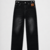 Washed black straight-leg jeans with adjustable waist detailing and five-pocket design