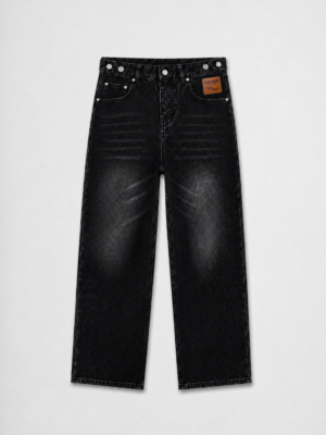Washed black straight-leg jeans with adjustable waist detailing and five-pocket design