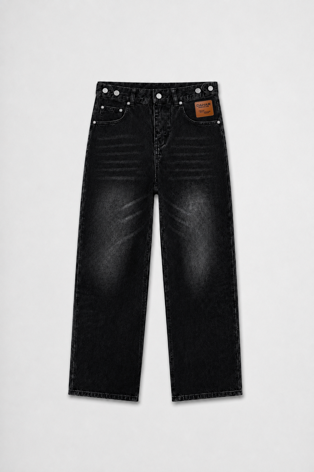 Washed black straight-leg jeans with adjustable waist detailing and five-pocket design